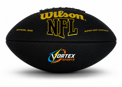 Customized Personalized Wilson Black and Gold Football with a custom logo printed on the bottom panel.