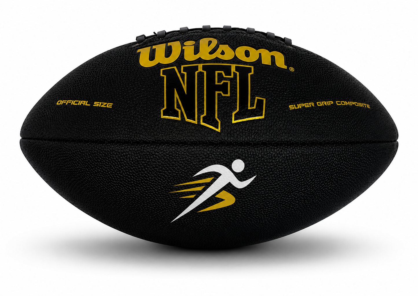 Customized Personalized Wilson Black and Gold Football with a custom logo printed on the bottom panel.