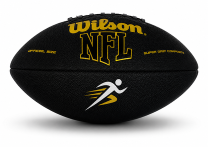 Customized Personalized Wilson Black and Gold Football with a custom logo printed on the bottom panel.