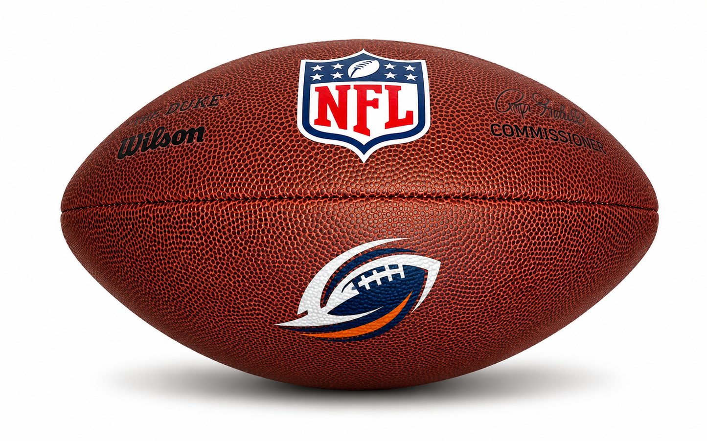 Customized Personalized Wilson NFL Duke Replica Football with a custom logo printed on the bottom panel.