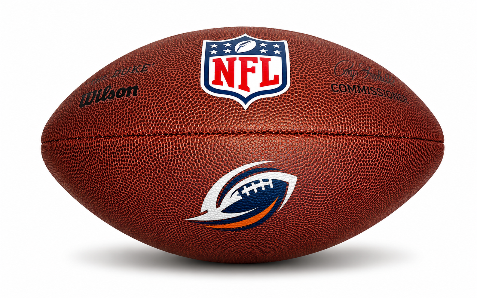 Customized Personalized Wilson NFL Duke Replica Football with a custom logo printed on the bottom panel.