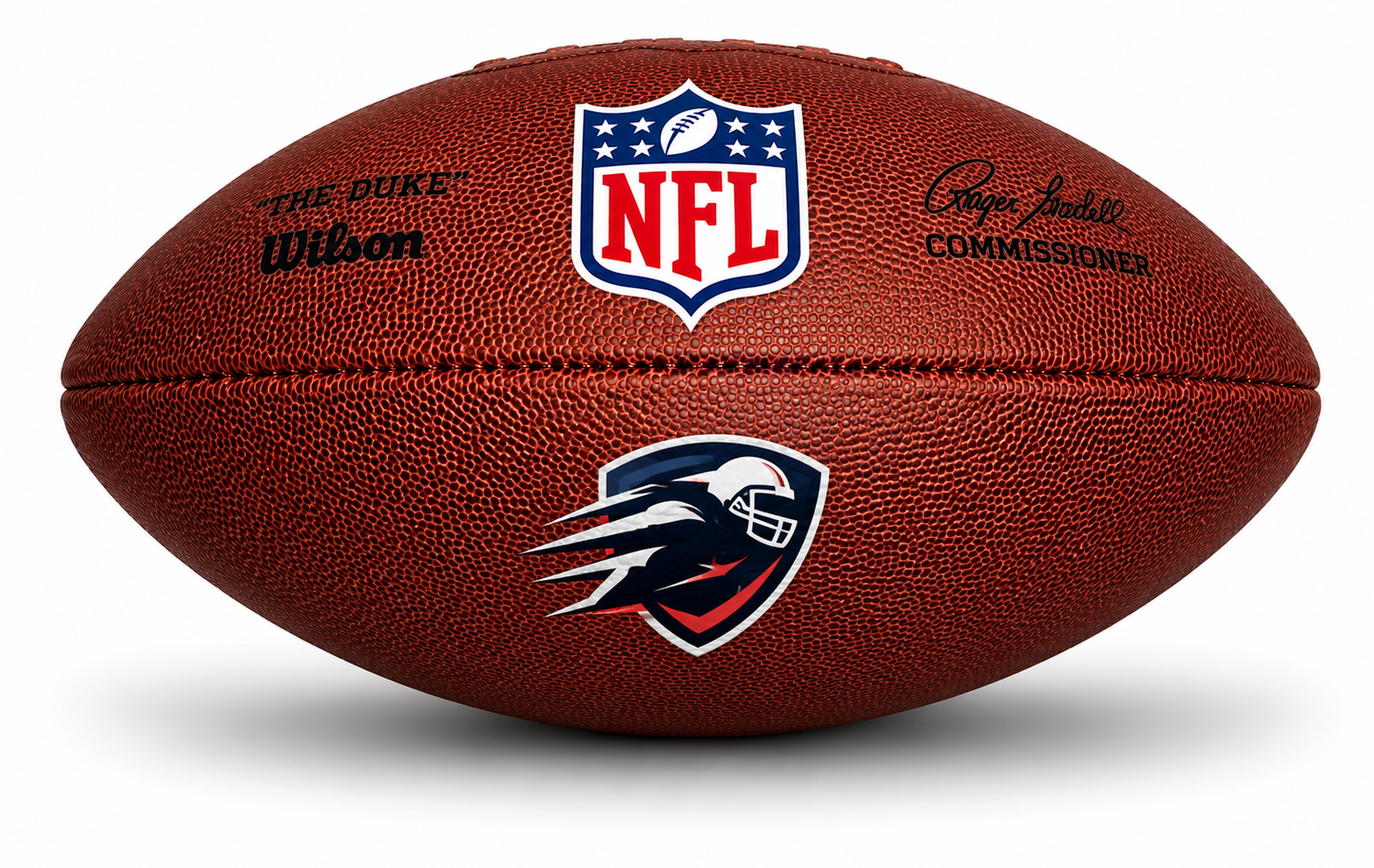Customized Personalized Wilson NFL Duke Replica Football with a custom logo printed on the bottom panel.