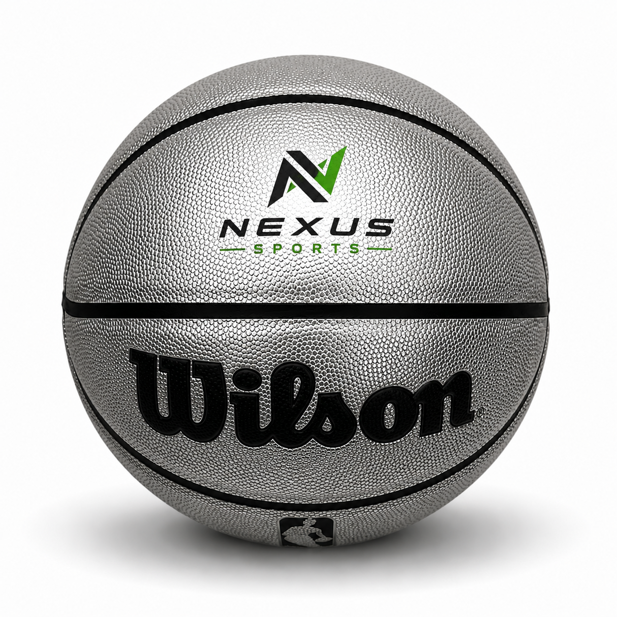 Customized Personalized Wilson Platinum Silver and Black Basketball with a custom logo printed on the top panel.