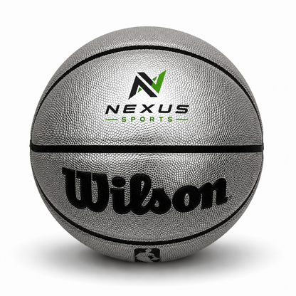 Customized Personalized Wilson Platinum Silver and Black Basketball with a custom logo printed on the top panel.