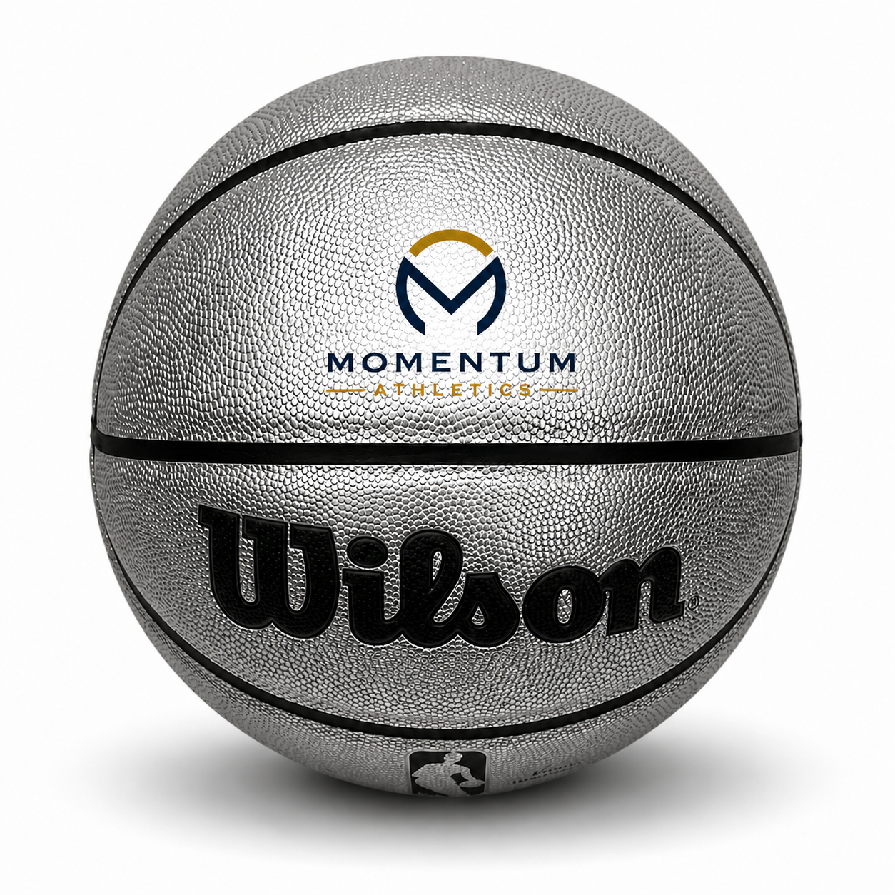 Customized Personalized Wilson Platinum Silver and Black Basketball with a custom logo printed on the top panel.