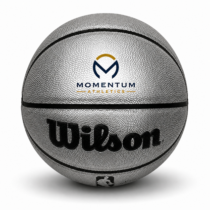 Customized Personalized Wilson Platinum Silver and Black Basketball with a custom logo printed on the top panel.
