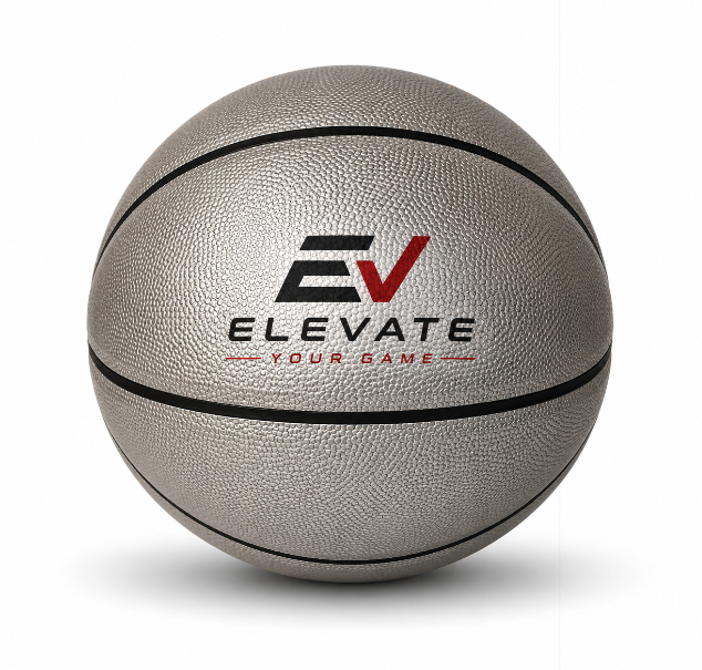 Customized Silver Basketball, Non Branded with a custom logo printed on the top panel.
