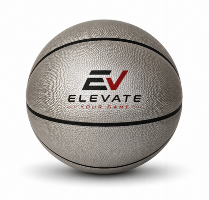 Customized Silver Basketball, Non Branded with a custom logo printed on the top panel.