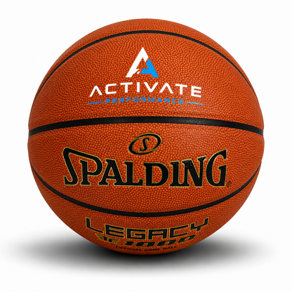 Customized Spalding TF1000 Legacy Indoor Game Ball with a custom logo printed on the top panel.