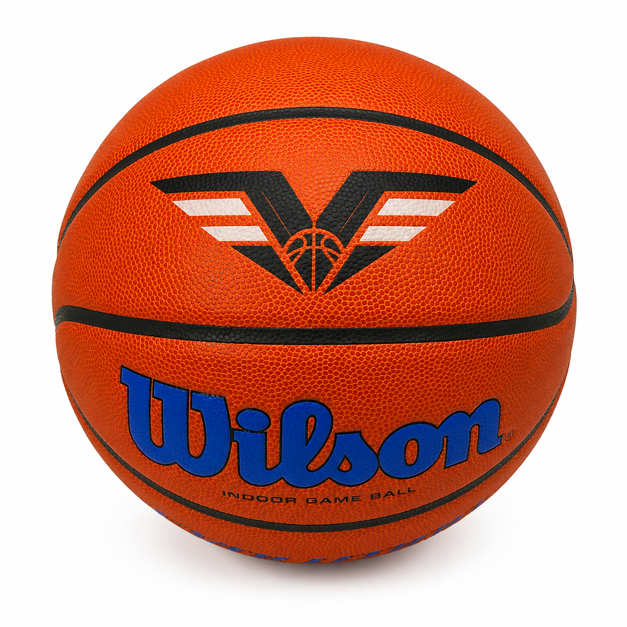 Customized Wilson Blue Evolution Basketball with a custom logo printed on the top panel.