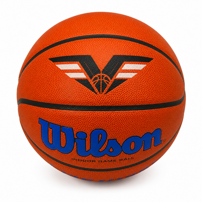Customized Wilson Blue Evolution Basketball with a custom logo printed on the top panel.