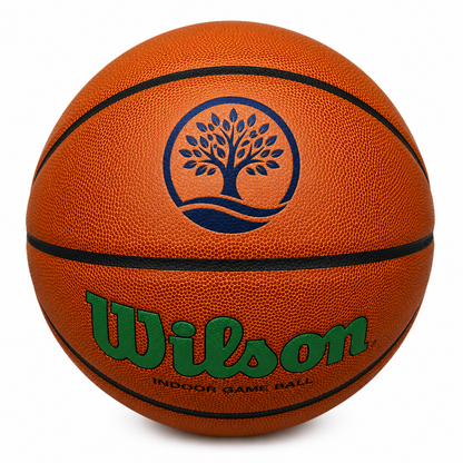 Customized Wilson Green Evolution Basketball with a custom logo printed on the top panel.