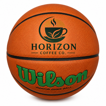Customized Wilson Green Evolution Basketball with a custom logo printed on the top panel.
