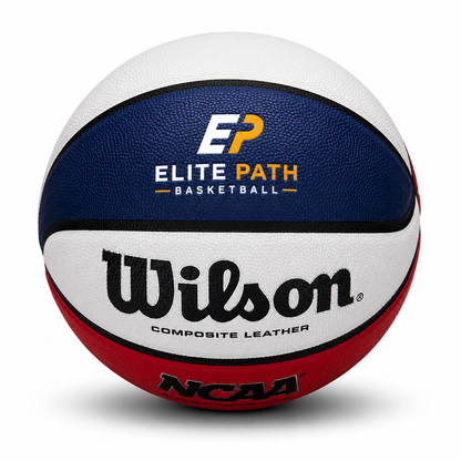 Customized Wilson NCAA Replica Red White and Blue Basketball with a custom logo printed on the top panel.