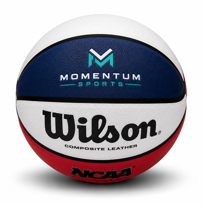 Customized Wilson NCAA Replica Red White and Blue Basketball with a custom logo printed on the top panel.