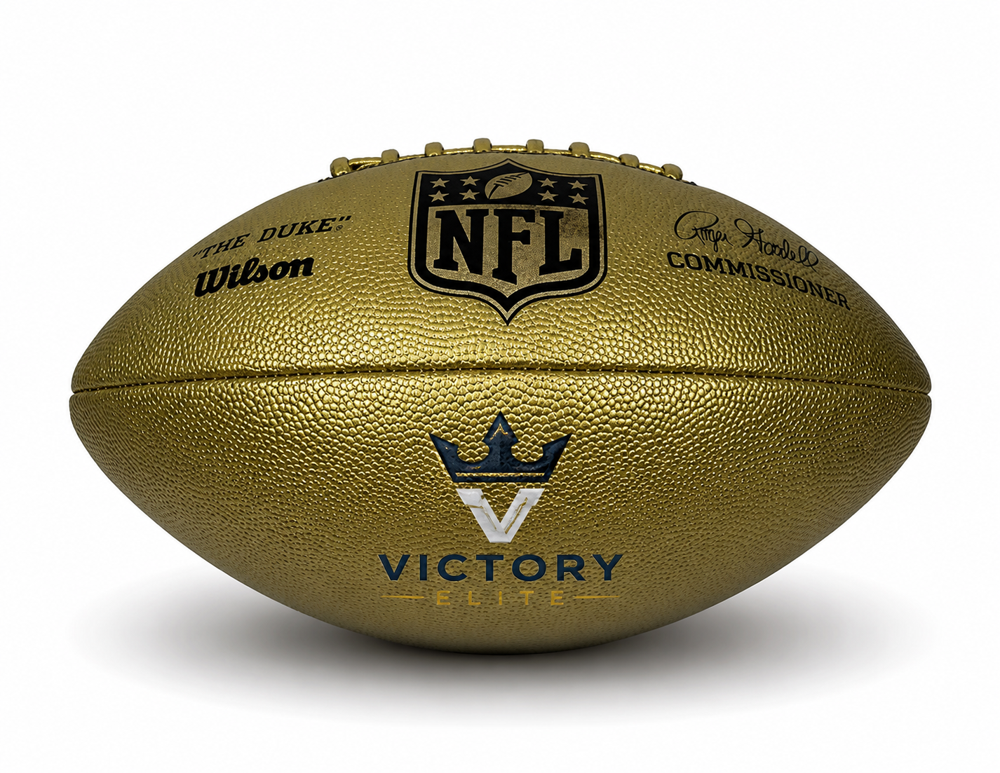 Customized Wilson NFL Gold Duke Replica Football with a custom logo on the bottom panel.