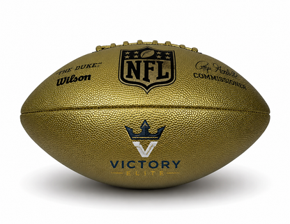 Customized Wilson NFL Gold Duke Replica Football with a custom logo on the bottom panel.