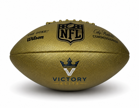 Customized Wilson NFL Gold Duke Replica Football with a custom logo on the bottom panel.