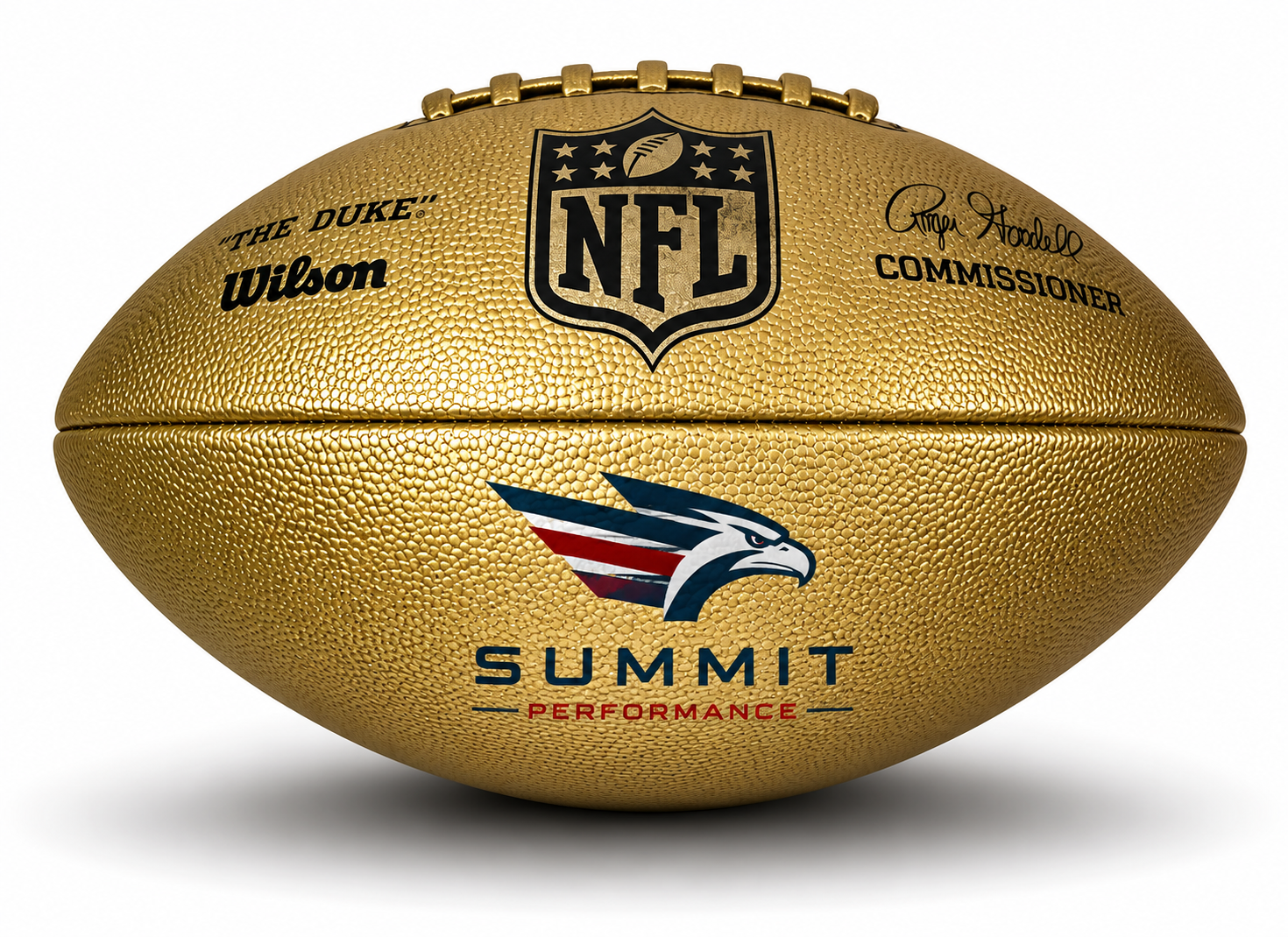 Customized Wilson NFL Gold Duke Replica Football with a custom logo on the bottom panel.
