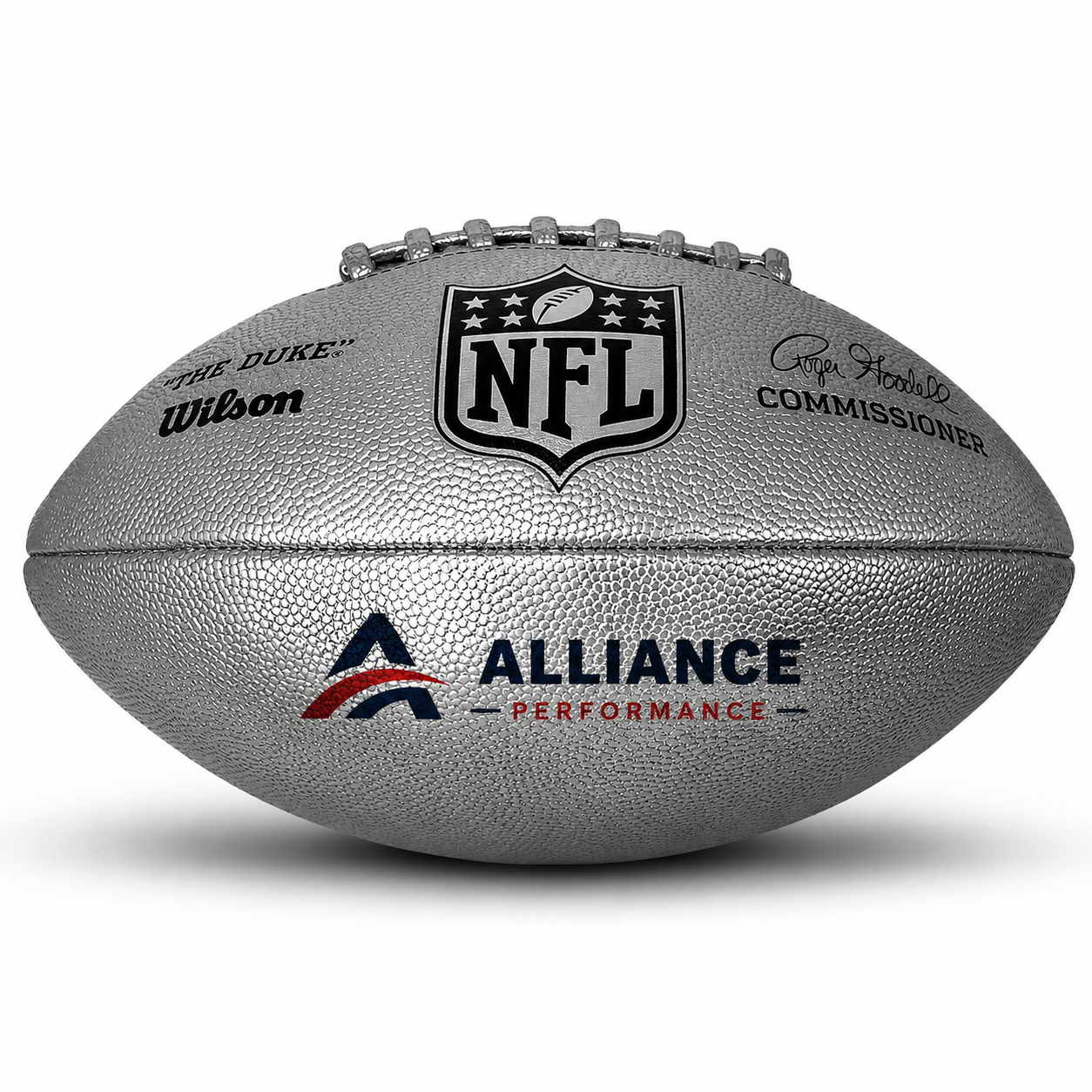 Customized Wilson NFL Silver Duke Replica Football with a custom logo printed on the bottom panel.