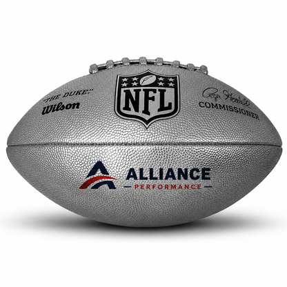 Customized Wilson NFL Silver Duke Replica Football with a custom logo printed on the bottom panel.