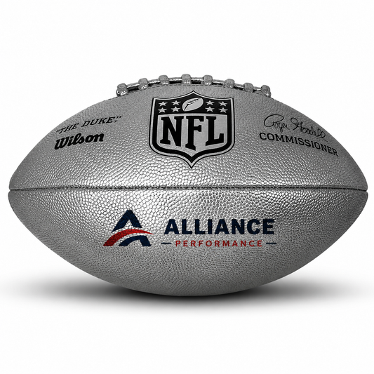 Customized Wilson NFL Silver Duke Replica Football with a custom logo printed on the bottom panel.
