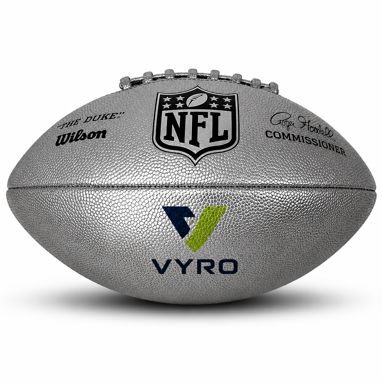 Customized Wilson NFL Silver Duke Replica Football with a custom logo printed on the top panel.