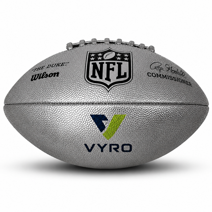 Customized Wilson NFL Silver Duke Replica Football with a custom logo printed on the top panel.