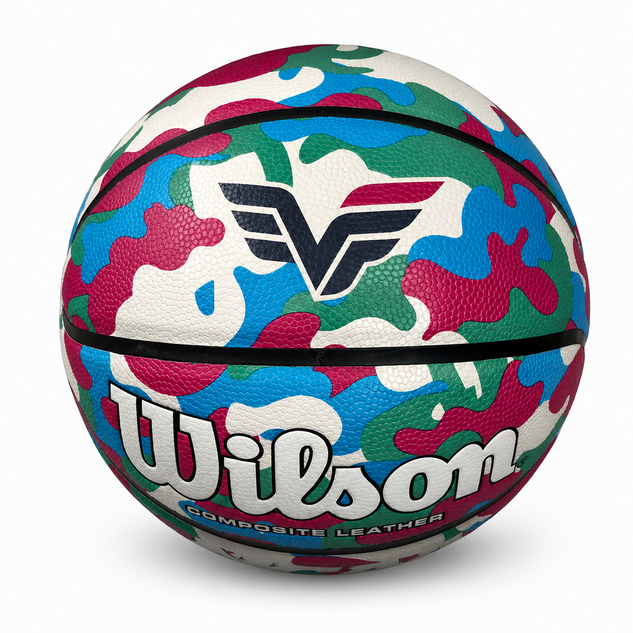 Customized Wilson Pink Camo NCAA Legend Basketball with a custom logo printed on the top panel.