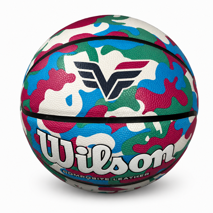Customized Wilson Pink Camo NCAA Legend Basketball with a custom logo printed on the top panel.