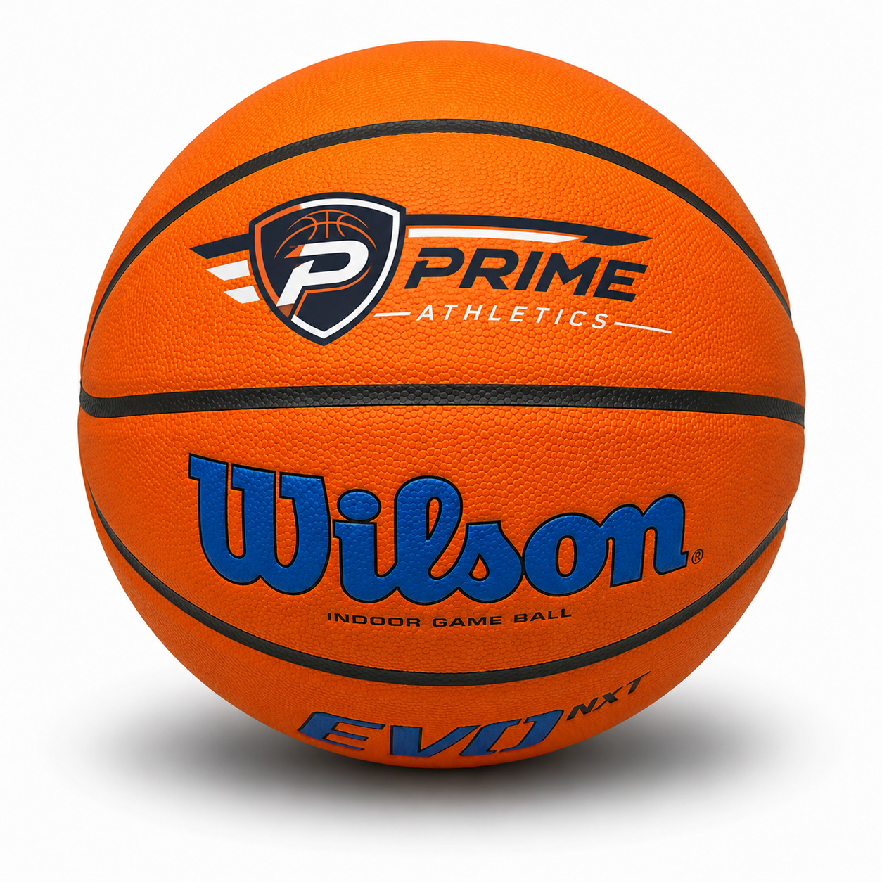 Customized Wilson Royal Blue NCAA EVO NXT Basketball Indoor Game Ball
with a custom logo printed on the top panel in multi color.
