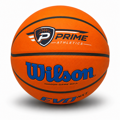 Customized Wilson Royal Blue NCAA EVO NXT Basketball Indoor Game Ball
with a custom logo printed on the top panel in multi color.