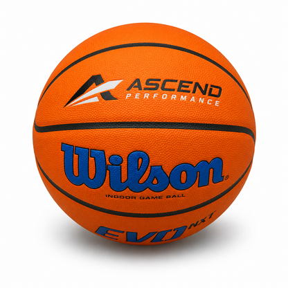 Customized Wilson Royal Blue NCAA EVO NXT Basketball Indoor Game Ball with a custom logo printed on the top panel.