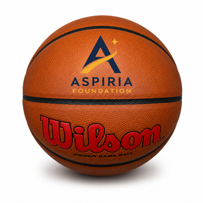 Customized Wilson Scarlet Red Evolution Basketball with custom logo printed on the top panel of the basketball.