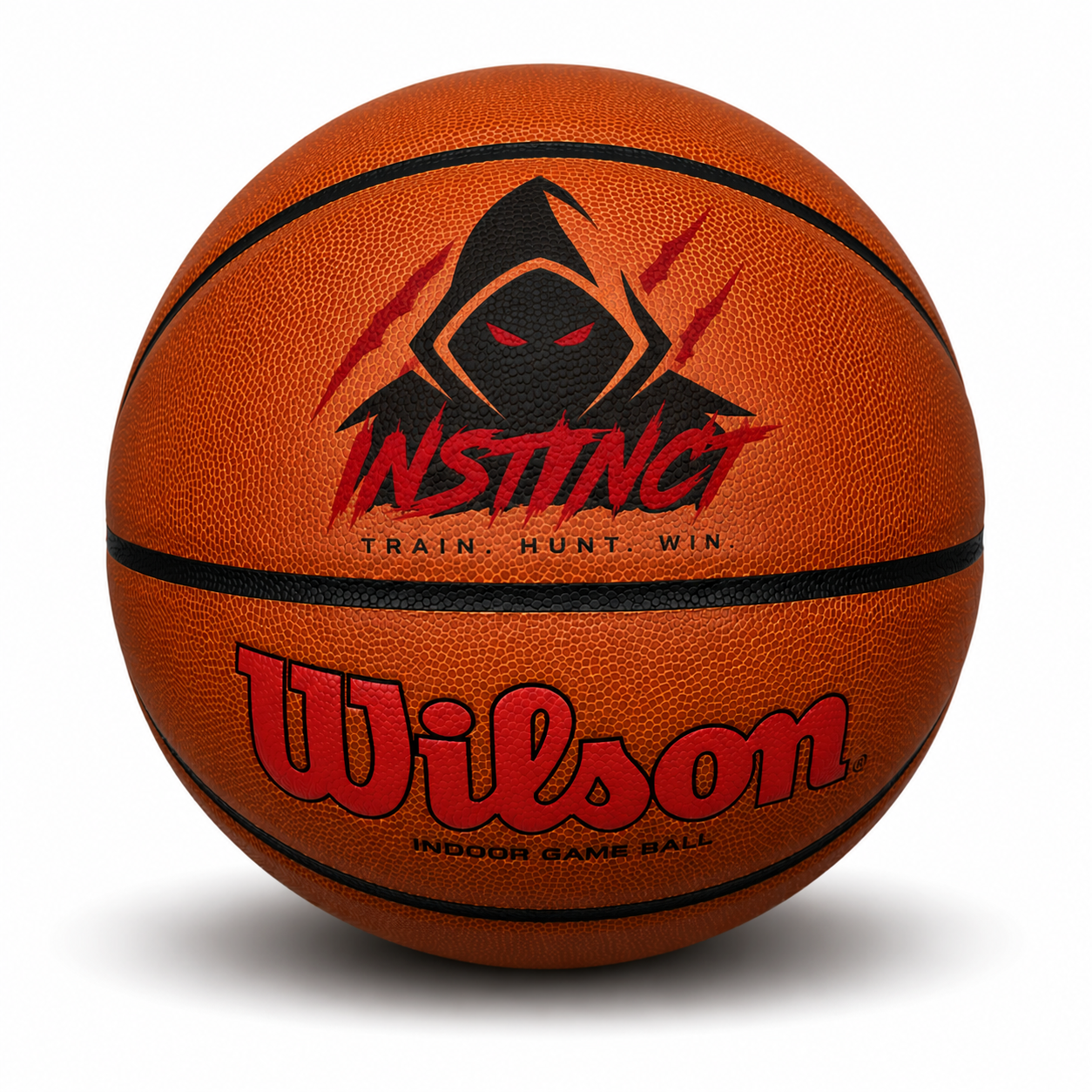 Customized Wilson Scarlet Red Evolution Basketball with a custom logo printed on the top panel of the ball.