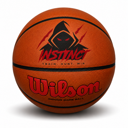 Customized Wilson Scarlet Red Evolution Basketball with a custom logo printed on the top panel of the ball.