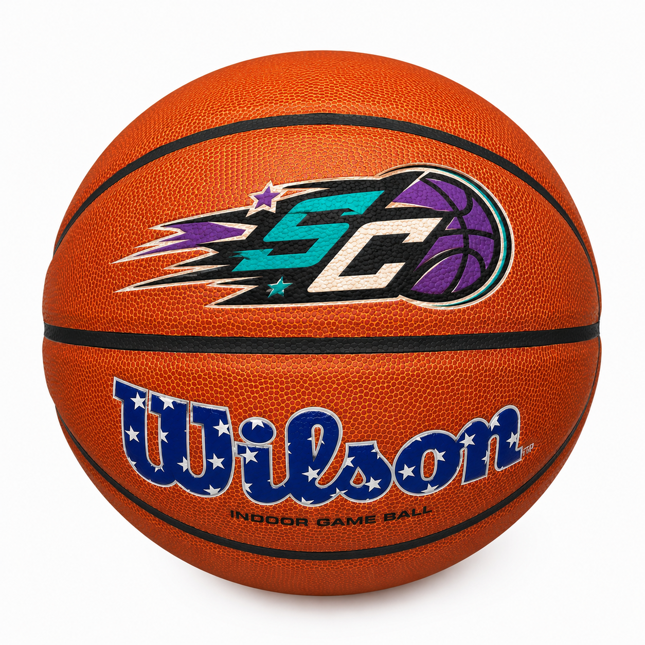Customized Wilson USA Evolution Red White and Blue Basketball with custom logo printed on the top panel.