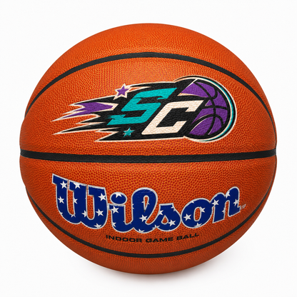 Customized Wilson USA Evolution Red White and Blue Basketball with custom logo printed on the top panel.