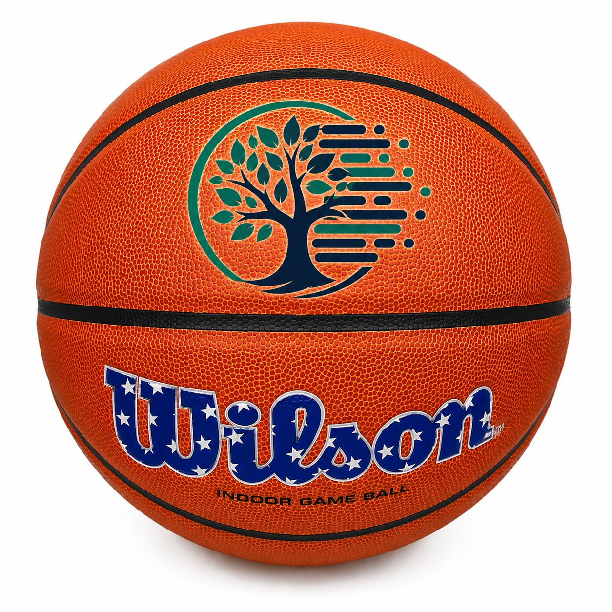 Customized Wilson USA Evolution Red White and Blue Basketball with custom logo printed on the top panel.