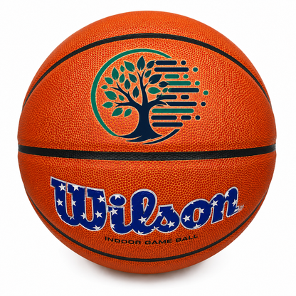 Customized Wilson USA Evolution Red White and Blue Basketball with custom logo printed on the top panel.