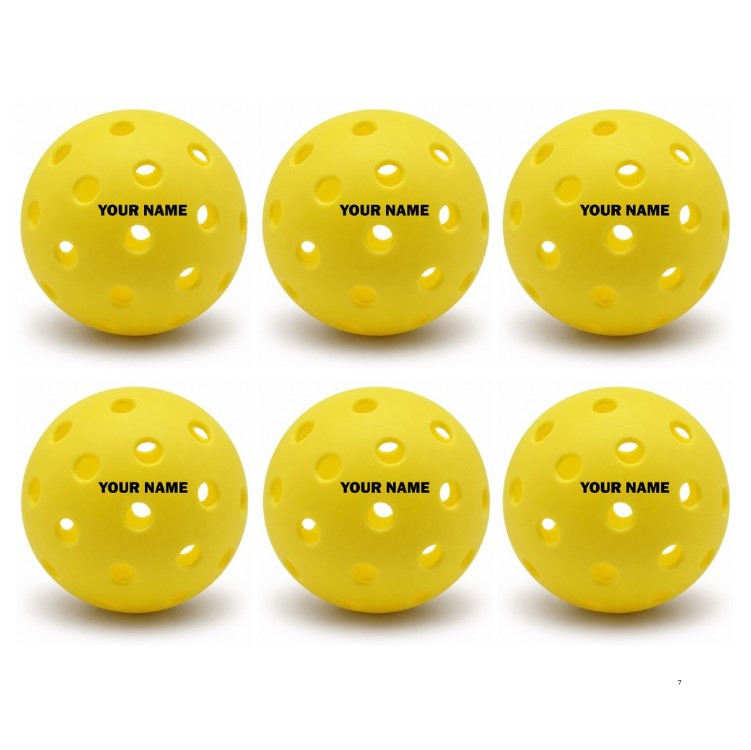 Customized Blank Pickle Balls, 6 Pack X40 Outdoor Pickleballs with custom text written in the middle.