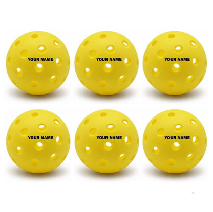 Customized Blank Pickle Balls, 6 Pack X40 Outdoor Pickleballs with custom text written in the middle.