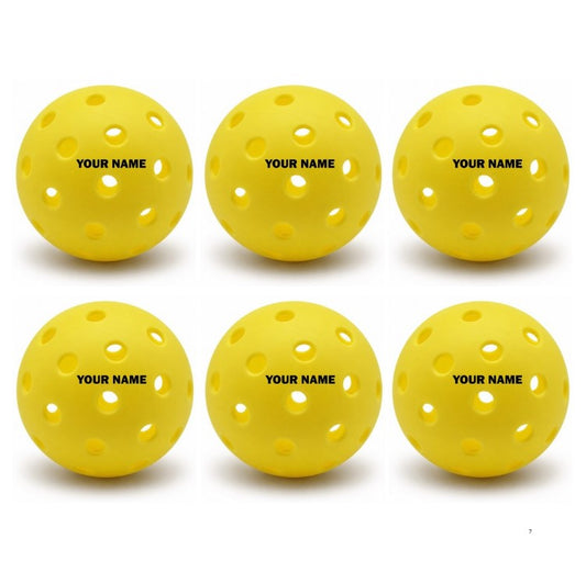Customized Blank Pickle Balls, 6 Pack X40 Outdoor Pickleballs with custom text written in the middle.