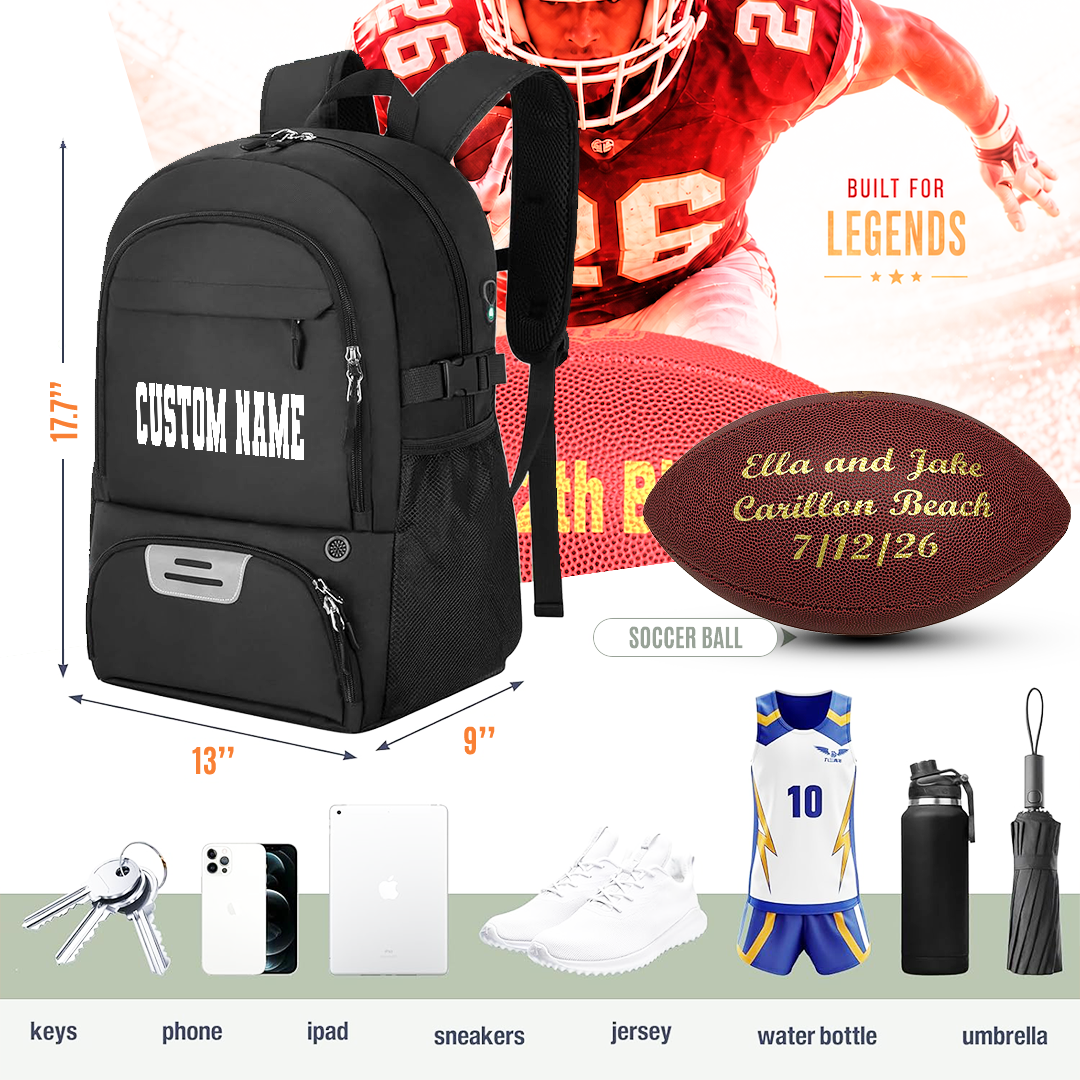 Personalized Football, Black Backpack Perfect Gift for Football players