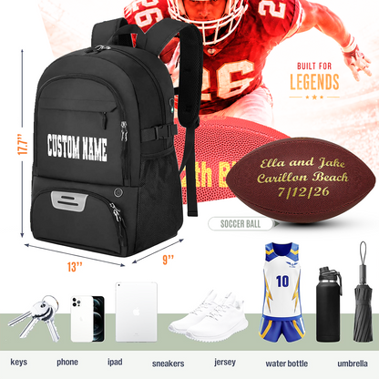 Personalized Football, Black Backpack Perfect Gift for Football players