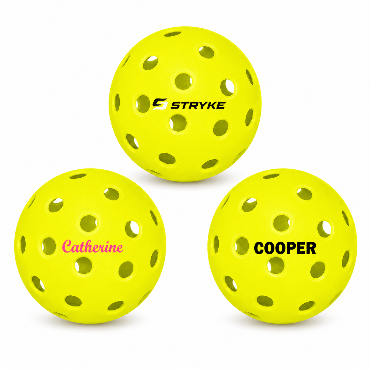 Customized Franklin Pickle Balls, 3 Pack X40 Outdoor Pickleballs with custom text and logo in the middle.