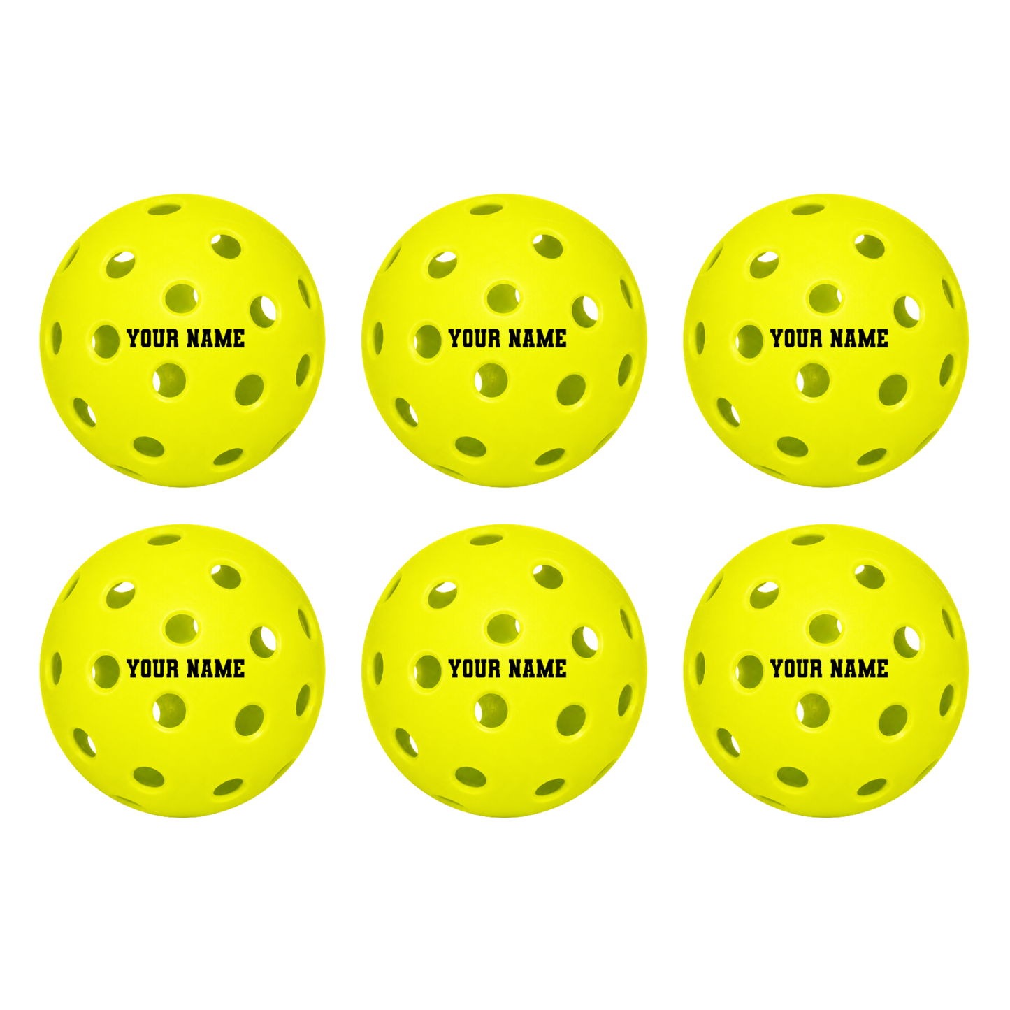 Customized Franklin Pickle Balls, 6 Pack X40 Outdoor Pickleballs with custom text written in the middle.