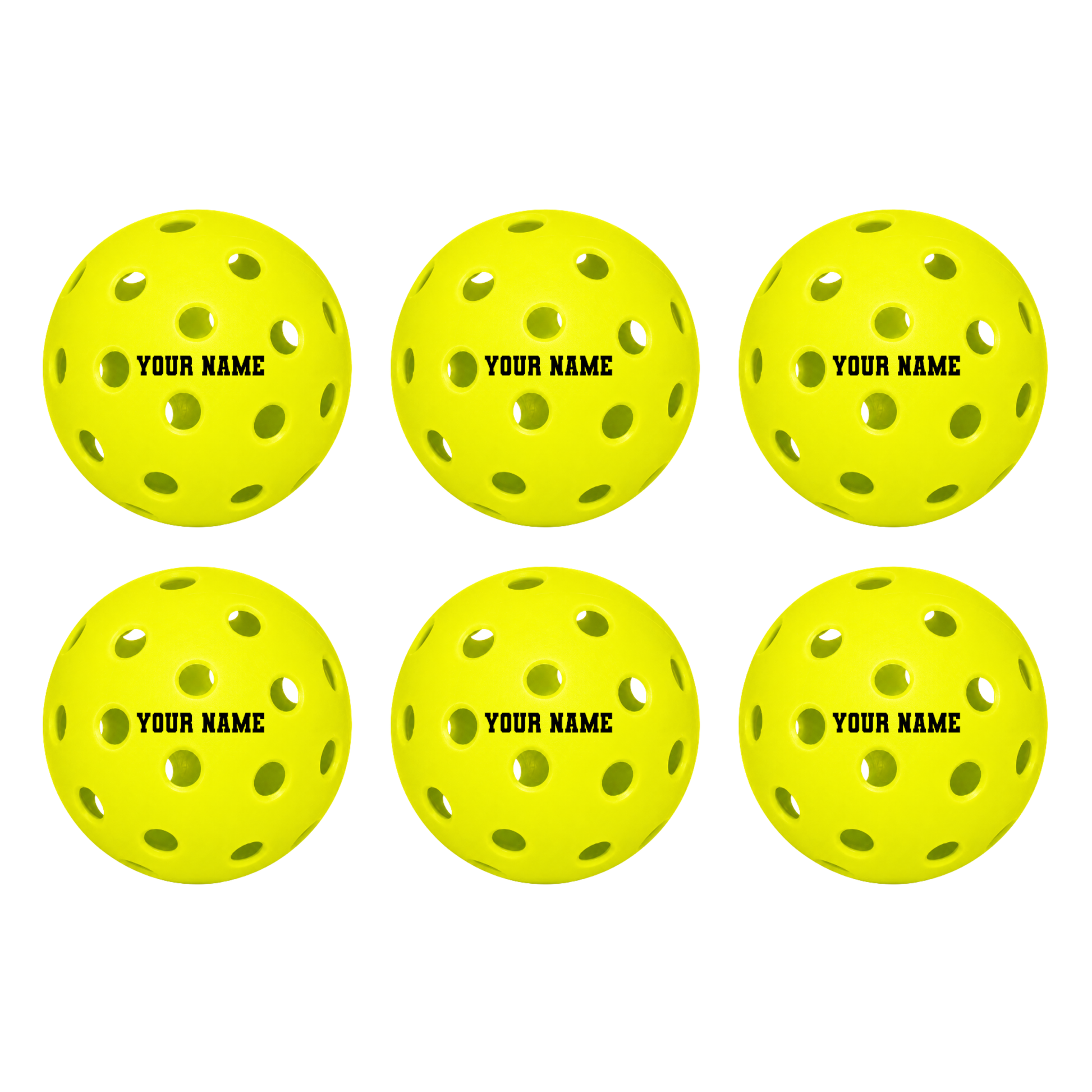 Customized Franklin Pickle Balls, 6 Pack X40 Outdoor Pickleballs with custom text written in the middle.