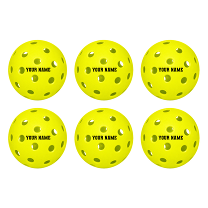 Customized Franklin Pickle Balls, 6 Pack X40 Outdoor Pickleballs with custom text written in the middle.