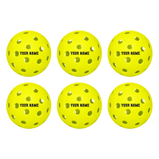 Customized Franklin Pickle Balls, 6 Pack X40 Outdoor Pickleballs with custom text written in the middle.